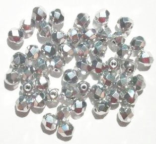 50 6mm Faceted Metallic Silver Firepolish Beads