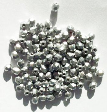 100 4mm Faceted Matte Metallic Silver Firepolish Beads