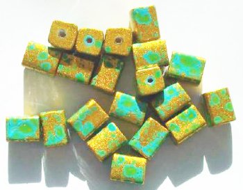 20 11x8mm Coated Turquoise and Gold Rectangle Glass Beads