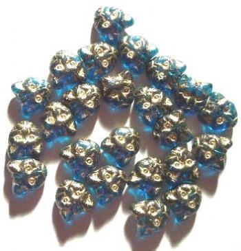 25 13mm Dark Aqua and Gold Cat Face Glass Beads