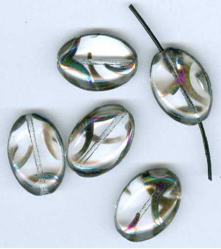 5 20x14mm Czech Glass Flat Oval Peacock Beads - Transparent Crystal with Chrome Vitrail Swirl