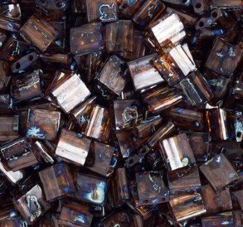 TL4502 5.2 Grams Transparent Dark Topaz Picasso Two Hole Miyuki Tila Beads