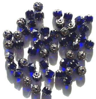 50 6mm Triangle Faceted Cobalt, Silver Tipped with Coated Ends