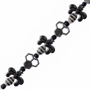 5 Inch Black, White and Gunmetal Honeycomb and Bee Bead Strand