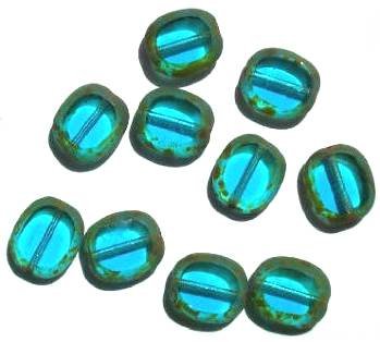 10 14mm Flat Cut Oval Window Bead Transparent Turquoise (speckled edges)