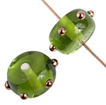 1 7x11mm Olivine with Bronze Dot Lampwork Rondelles