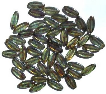 50 16x6mm Speckled Green Lustre Narrow Flat Oval Beads