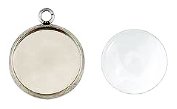 Set of 2, 17x13mm Stainless Steel Round Bezel Pendants with Glass Cabochon