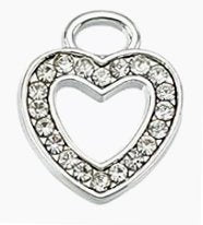 1, 13x11mm Bright Silver Open Heart Pendant / Charm with Rhinestones