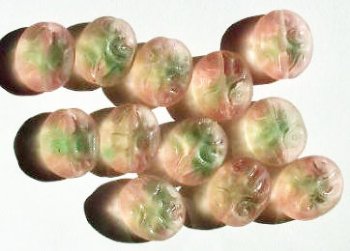 12 16x14x8mm Matte Textured Two Tone Green & Pink Flat Oval Beads
