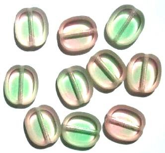 10 14mm Flat Cut Oval Window Bead Pink/Green