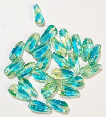 25 14x6mm Transparent Aqua and Jonquil Twisted Drop Beads