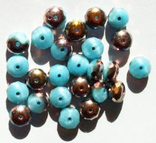 25 6x8mm Faceted Satin Blue & Copper Donut Beads