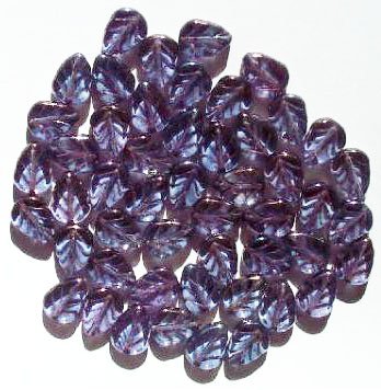 50 11x8mm Transparent Amethyst Lustre Glass Leaf Beads