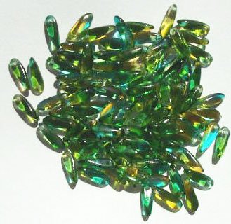 100 3x11mm Aqua, Green, & Topaz Dagger Beads