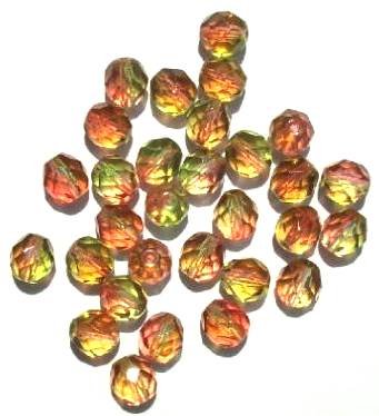 25 8mm Faceted Tri Tone Crystal/Lime/Strawberry Firepolish Beads