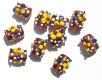 10 15mm Topaz with Yellow Flower Bumpy Barrel Beads