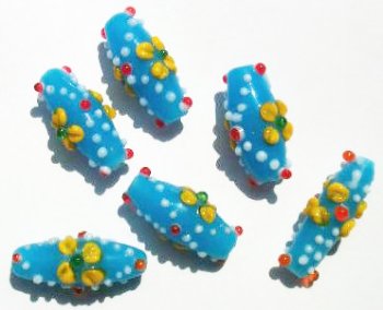 6 23mm Milky Aqua with Yellow Flower Bumpy Oval Beads