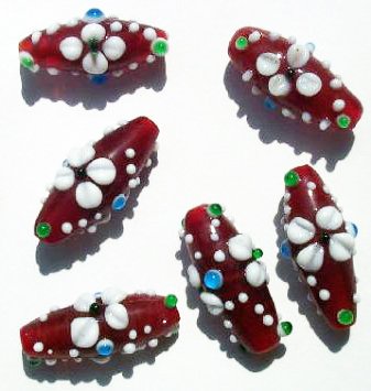6 23mm Dark Red with White Flower Bumpy Oval Beads