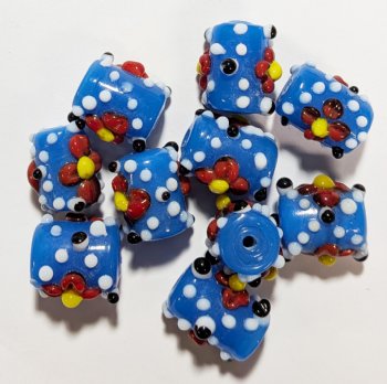 10 15mm Milky Blue with Black & White, Red Flower Barrel Bumpy Beads