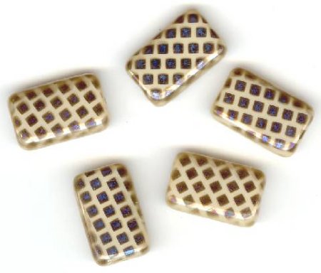 5 19x12mm Czech Glass Flat Rectangle Peacock Beads - Beige Azuro