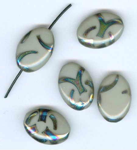 5 20x14mm Czech Glass Flat Oval Peacock Beads - Opaque Grey with Chrome Vitrail Swirl