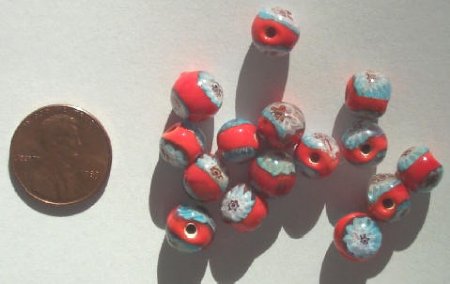 15 8mm Round Red with Blue White Millefiore