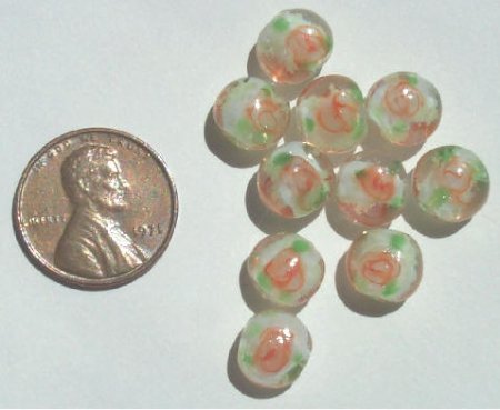 10 9x6mm White with Flower Lampwork Disks
