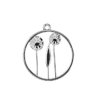 1, 25x22mm Beadwork Silver Plated Circle with Flowers Pendant / Link