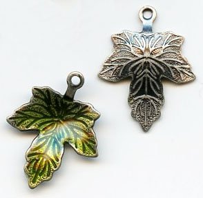 1 13x12mm Antique Silver and Green Enamel Maple Leaf Pendant