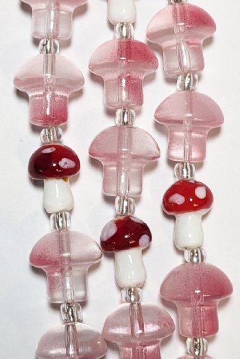 7 Inch Strand Crystal Lane 14x13mm Crystal & Pink / 13x10mm Red & White Mushroom Beads