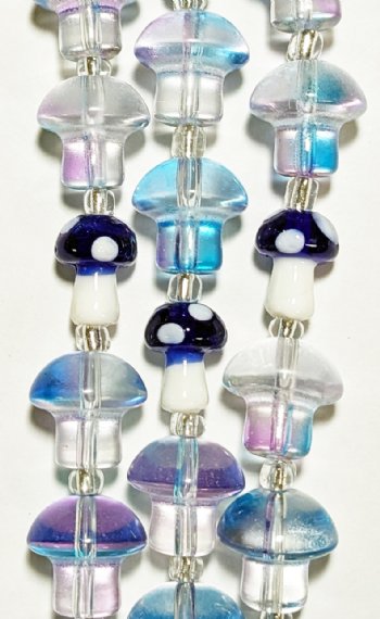 7 Inch Strand Crystal Lane 14x13mm Crystal, Purple, Aqua / 13x10mm Purple & White Mushroom Beads