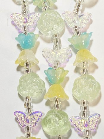 7 Inch Strand Crystal Lane Pink and Green Flower and Butterfly Beads