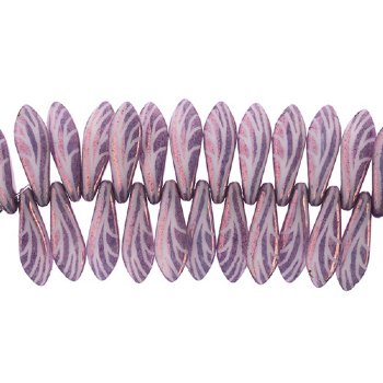 10, 5x16mm Lilac Lustre Lazer Etched Dagger Beads with White Wing Pattern