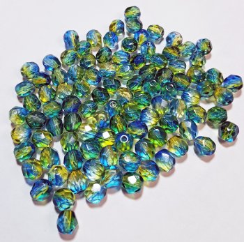 50, 6mm Blue, Green, and Jonquil Faceted Firepolish Beads