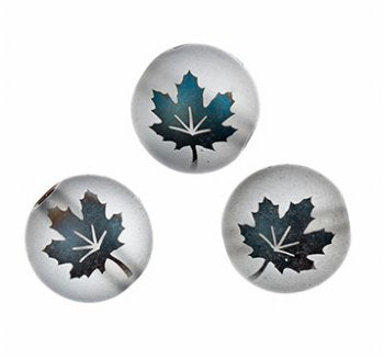 19, 10mm Round Matte Transparent Grey Beads with Metallic Blue Maple Leaf