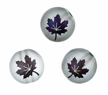 19, 10mm Round Matte Transparent Grey Beads with Metallic Purple Maple Leaf