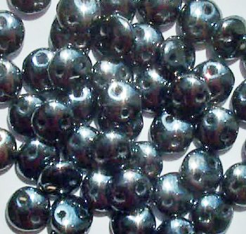 50 6mm Jet Hematite Two Hole Glass Lentil Beadss