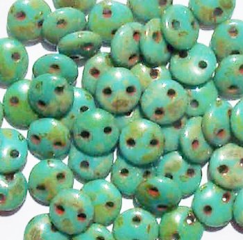 50 6mm Opaque Turquoise Picasso Two Hole Glass Lentil Beads