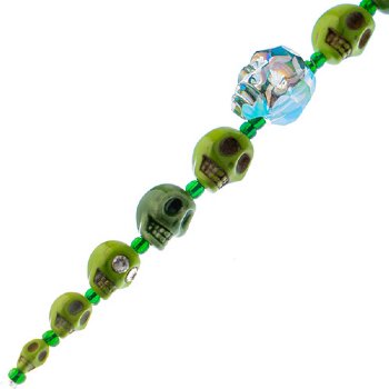 6.5 Inch Strand of Green Glass, Ceramic, and Howlite Skull Beads