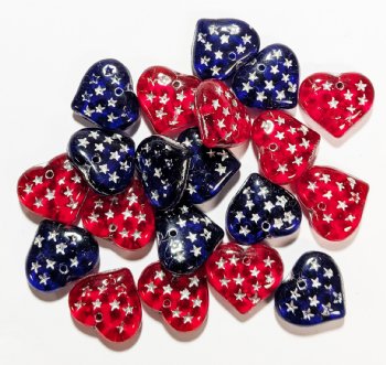 20 13mm Cobalt and Red with Silver Stars Heart Bead Pendants