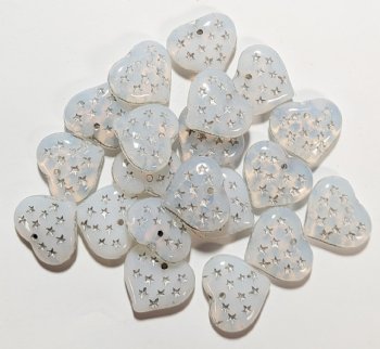 20 13mm Milky White Opal with Silver Stars Heart Bead Pendants
