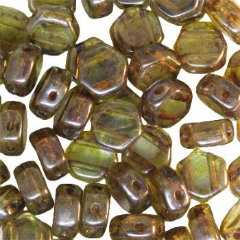 30, 6mm Transparent Lumi Green Czech Glass Two Hole Hexx Beads