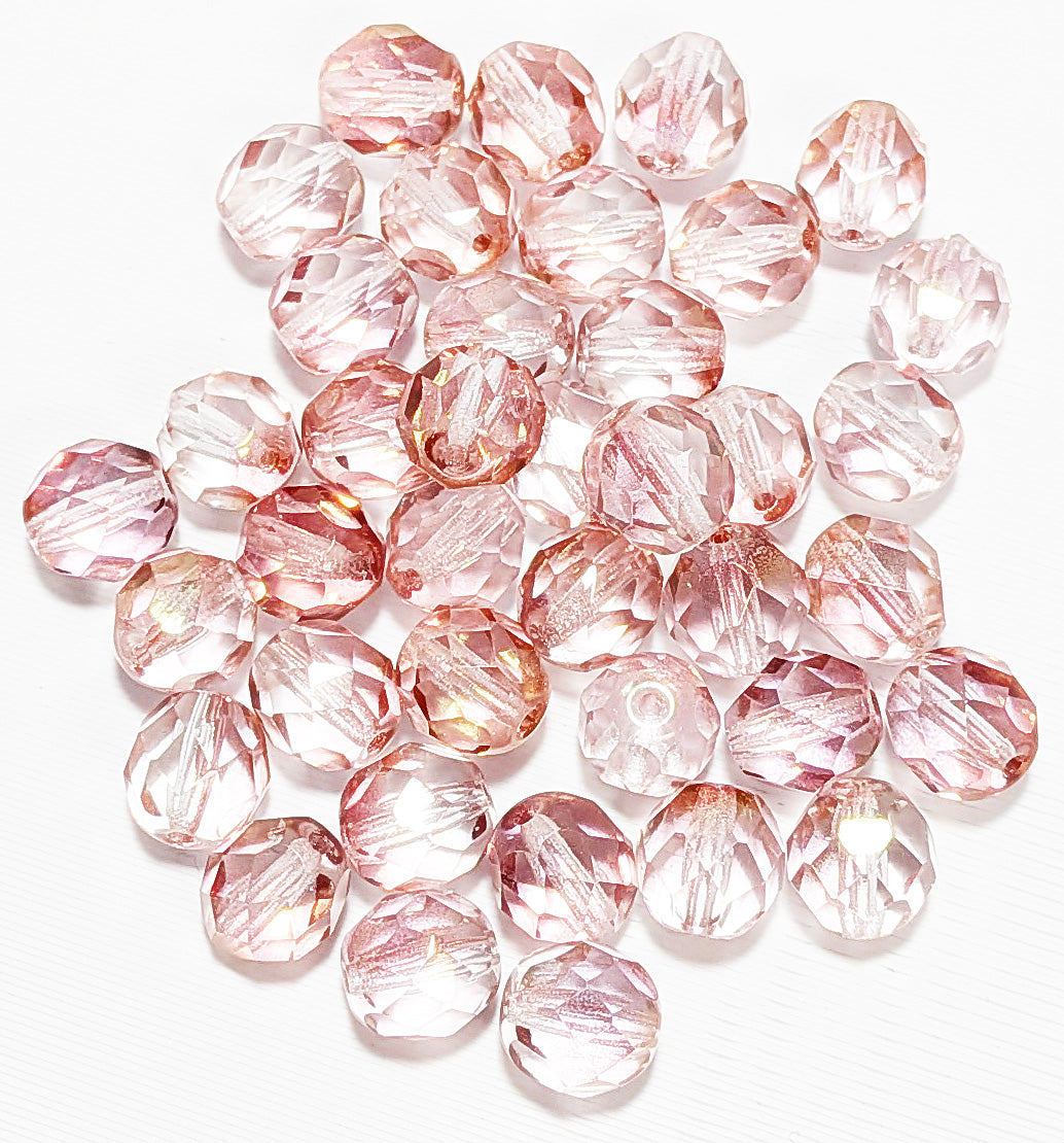 25, 8mm Faceted Transparent Crystal Rose Bronze Lustre Firepolish Beads