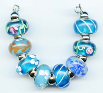 Strand of 8 13x9 Pandora Style Lampwork Beads - Aqua Mix