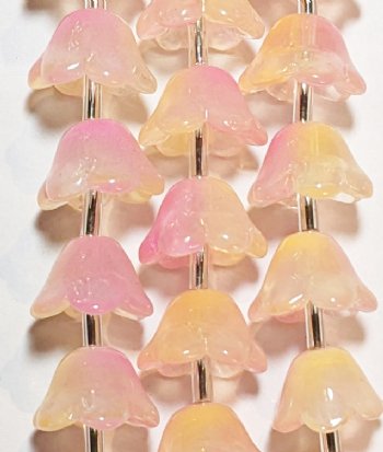 7 Inch Strand Crystal Lane 8x12mm Milky Pink & Yellow Cupped Flower Beads