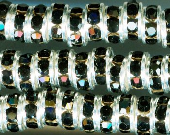 10 4.5mm Silver Rondelles with Jet Rhinestones