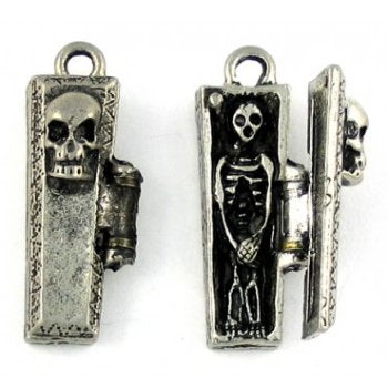 1 29x11mm Antique Silver Skeleton in a Coffin w/ Moveable Lid