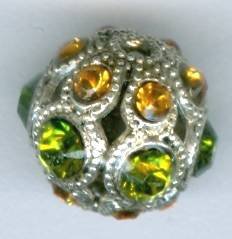 1 8mm Swarovski Encrusted Round Filigree Bead - Antique Silver with Olivine and Topaz