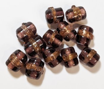10 10x8mm Transparent Light Amethyst and Gold Band Lampwork Barrel Beads